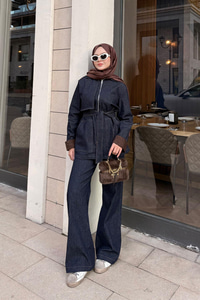 Kolları Süet Detay Takım Lacivert