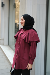Kolları Valonlu Düğme Detaylı Gömlek  Bordo