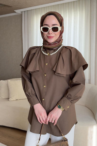 Kolları Valonlu Düğme Detaylı Gömlek Kahverengi