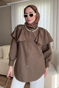 Kolları Valonlu Düğme Detaylı Gömlek Kahverengi