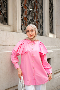 Kolları Valonlu Düğme Detaylı Gömlek Pembe