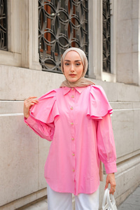 Kolları Valonlu Düğme Detaylı Gömlek Pembe