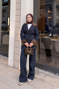 Kolları Ve Yaka Leopar Desen Takım Lacivert