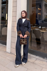 Kolları Ve Yaka Leopar Desen Takım Lacivert