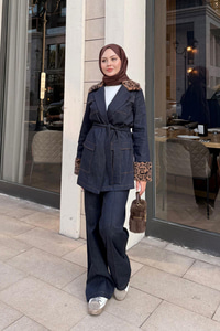 Kolları Ve Yaka Leopar Desen Takım Lacivert