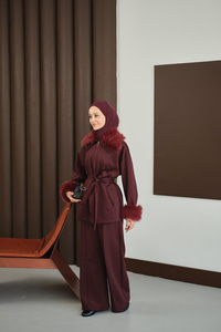 Kolları Ve Yakası Kürk Detay Takım Bordo