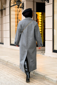 Kolu Armalı Astarlı Balıksırtı Kaşe Kaban Gri