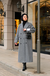 Kolu Armalı Astarlı Balıksırtı Kaşe Kaban Gri