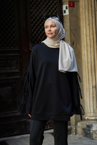 Kolu Bağcık Detaylı Tunik Siyah