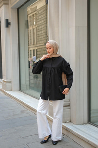 Kolu Bağcık Fiyonklu Gömlek Siyah