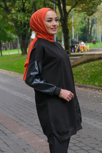 Uygun Fiyatlı KOLU DERI DETAYLI TUNIK SIYAH | Loccomoda.com 