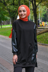 Uygun Fiyatlı KOLU DERI DETAYLI TUNIK SIYAH | Loccomoda.com 