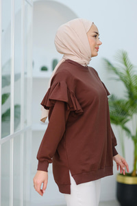 Kolu Fırfırlı Tunik  Kahverengi