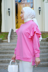 Kolu Fırfırlı Tunik Pembe