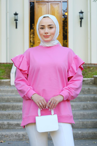 Kolu Fırfırlı Tunik Pembe