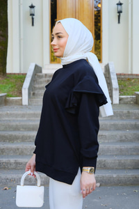 Kolu Fırfırlı Tunik Siyah