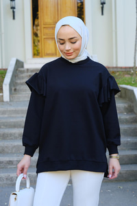 Kolu Fırfırlı Tunik Siyah
