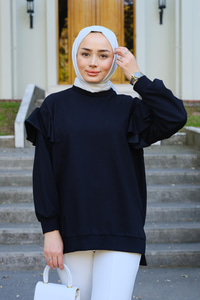 Kolu Fırfırlı Tunik Siyah