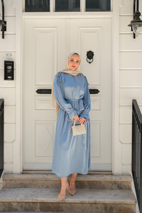 Kolu Lastik Aksesuarlı Elbise Bebe Mavi