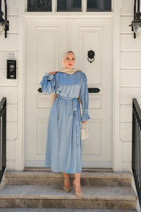 Kolu Lastik Aksesuarlı Elbise Bebe Mavi