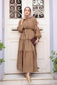 Kolu Lastik Detaylı Elbise Kahverengi