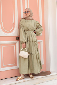 Kolu Lastik Detaylı Elbise Küf Yeşil