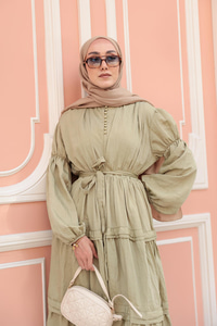 Kolu Lastik Detaylı Elbise Küf Yeşil