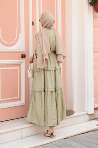 Kolu Lastik Detaylı Elbise Küf Yeşil