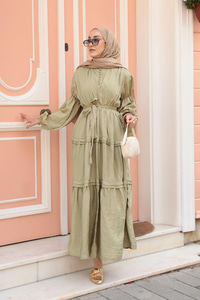 Kolu Lastik Detaylı Elbise Küf Yeşil