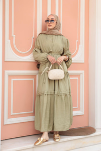 Kolu Lastik Detaylı Elbise Küf Yeşil