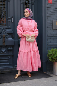 Kolu Lastik Detaylı Elbise Pembe