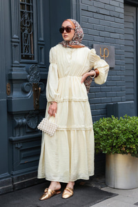 Kolu Lastik Detaylı Elbise  Sarı