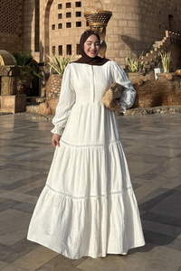 KOLU LASTIKLI DANTEL DETAY ELBISE EKRU