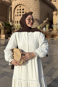 KOLU LASTIKLI DANTEL DETAY ELBISE EKRU