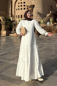 KOLU LASTIKLI DANTEL DETAY ELBISE EKRU