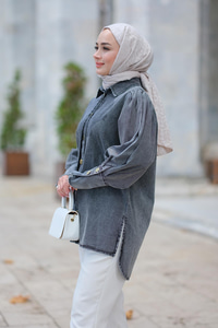 Kolu Pile Detaylı Kot Gömlek Gri