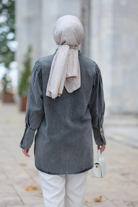 Kolu Pile Detaylı Kot Gömlek Gri