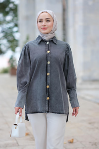 Kolu Pile Detaylı Kot Gömlek Gri