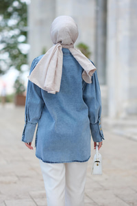 Kolu Pile Detaylı Kot Gömlek Mavi