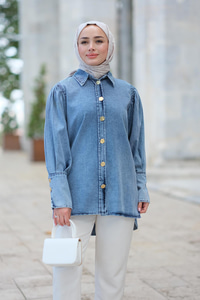 Kolu Pile Detaylı Kot Gömlek Mavi
