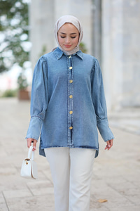 Kolu Pile Detaylı Kot Gömlek Mavi