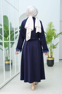 Kolu Tüylü Bluz Etekli Takım Lacivert