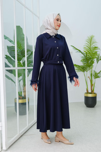 Kolu Tüylü Bluz Etekli Takım Lacivert