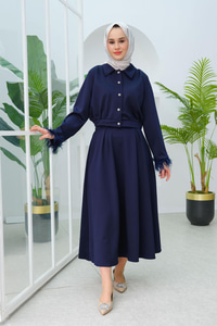 Kolu Tüylü Bluz Etekli Takım Lacivert