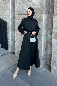 Kolu Tüylü Bluz Etekli Takım Siyah