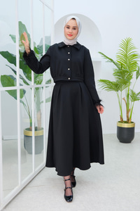Kolu Tüylü Bluz Etekli Takım Siyah