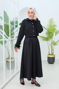 Kolu Tüylü Bluz Etekli Takım Siyah