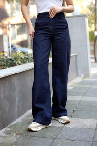 Kontras Dikişli Yüksek Bel Pantolon Lacivert