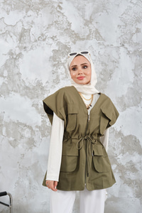 Kordon Detay Gabardin Bel Bağlamalı Yelek Haki Yeşil