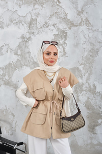 Kordon Detay Gabardin Bel Bağlamalı Yelek Krem